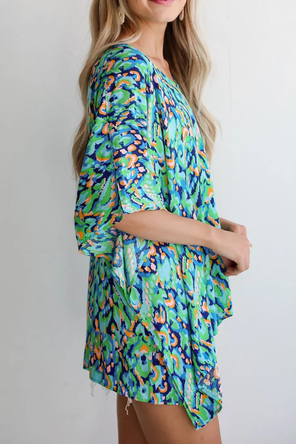 Abstract Print V Neck Half Sleeve Loose Fit Blouse