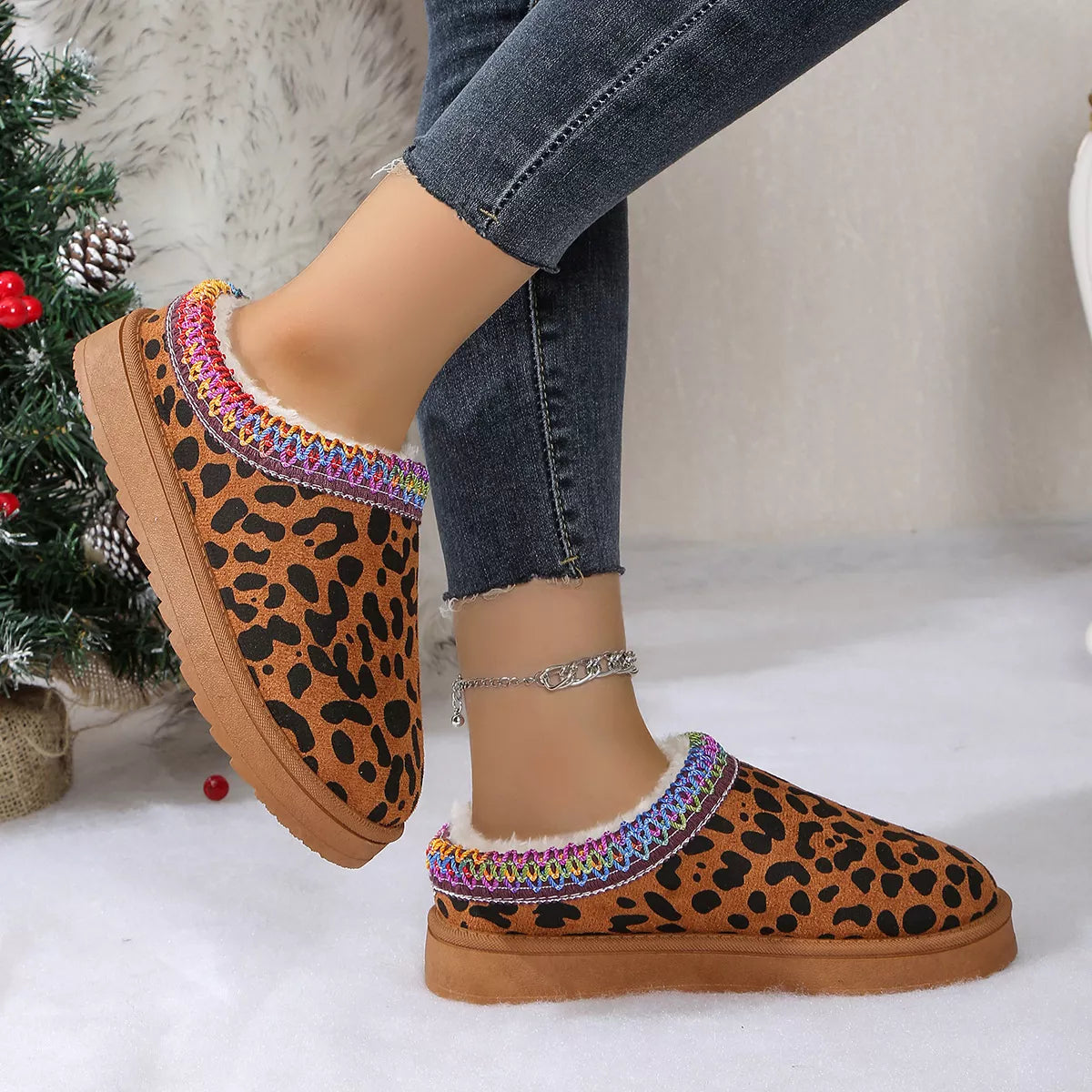 Leopard Print Plush Lined Warm Slip-Ons