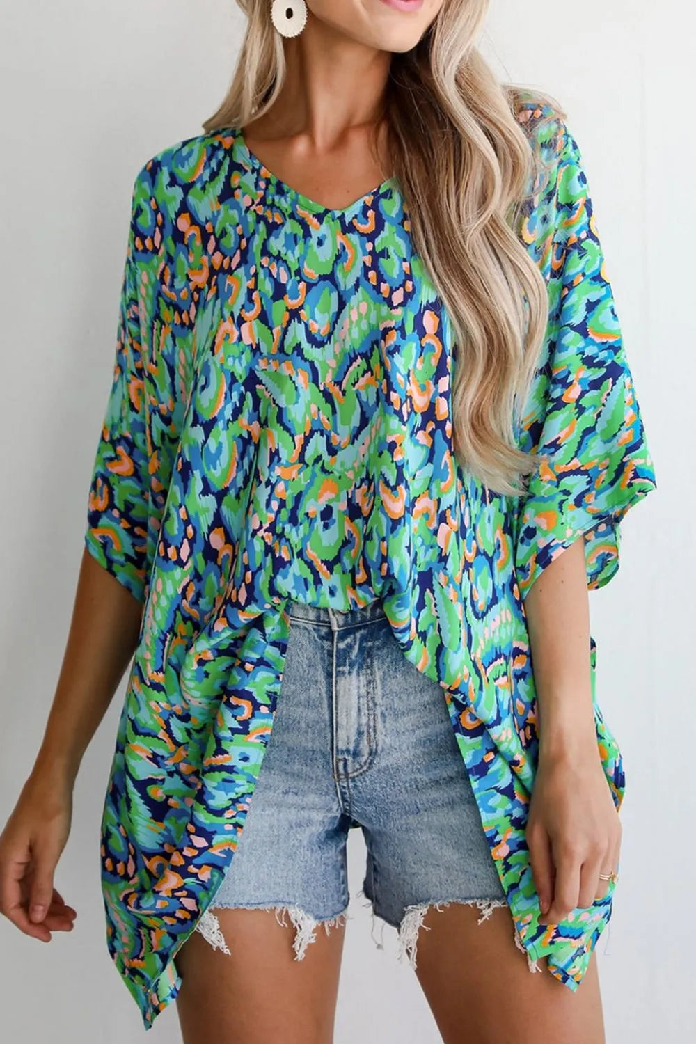 Abstract Print V Neck Half Sleeve Loose Fit Blouse