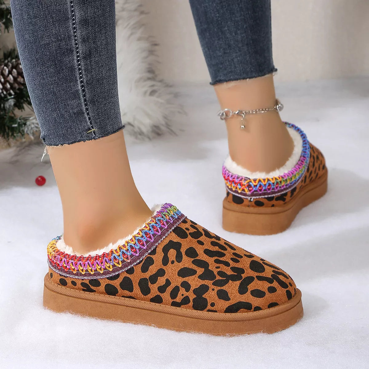 Leopard Print Plush Lined Warm Slip-Ons