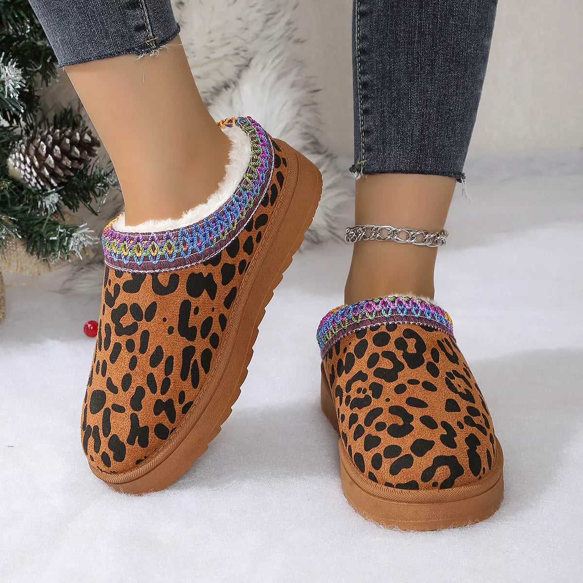 Leopard Print Plush Lined Warm Slip-Ons