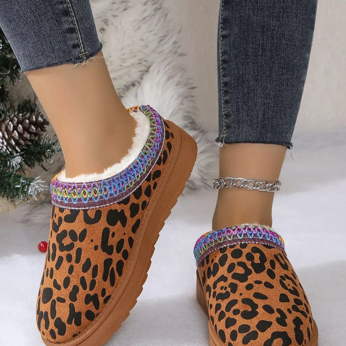 Leopard Print Plush Lined Warm Slip-Ons