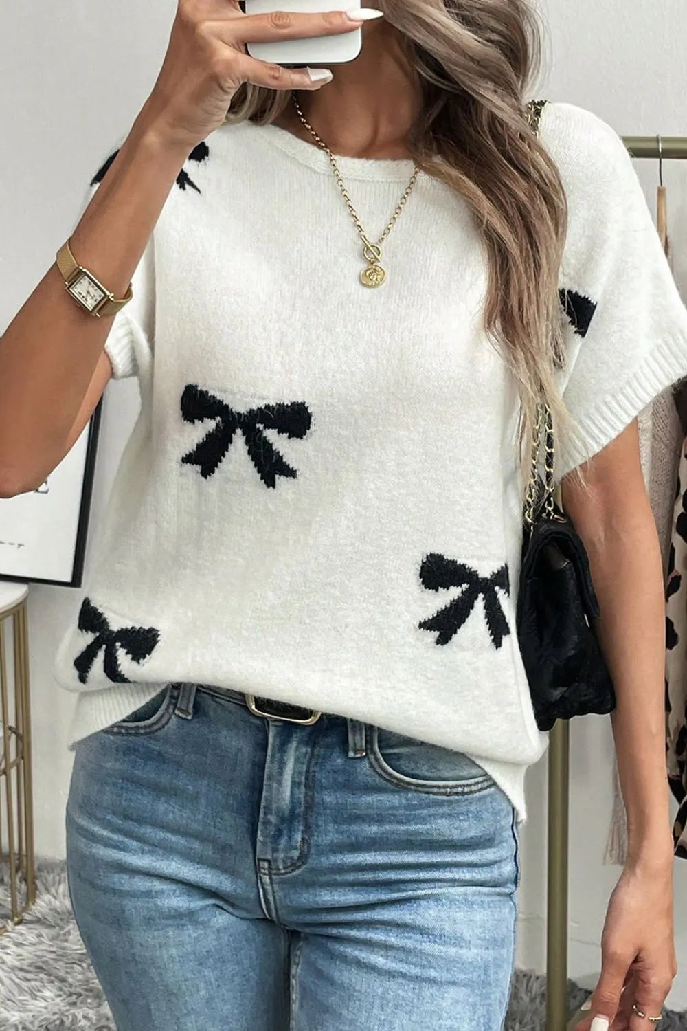 Bow Pattern Knit Short Sleeve Sweater
