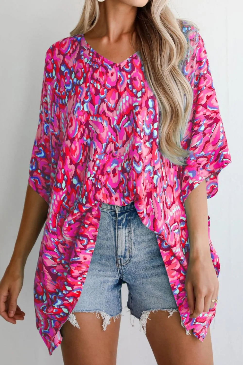 Abstract Print V Neck Half Sleeve Loose Fit Blouse