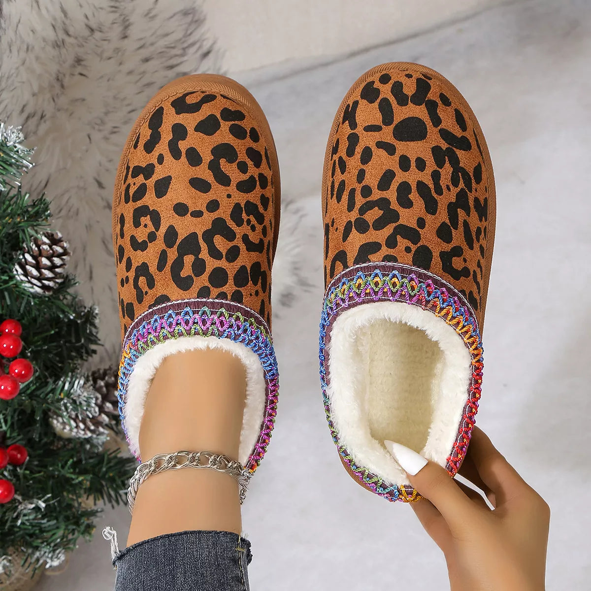 Leopard Print Plush Lined Warm Slip-Ons