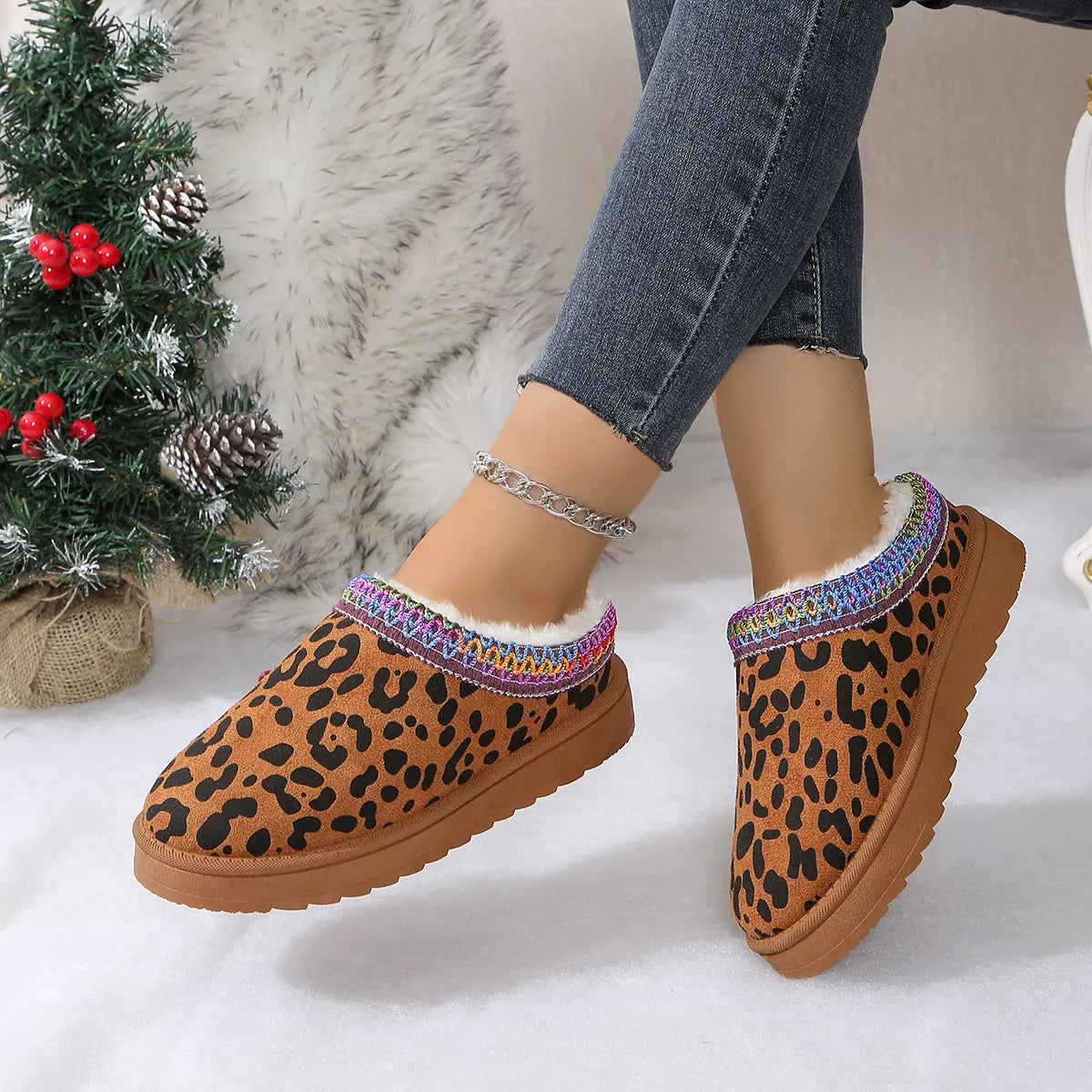 Leopard Print Plush Lined Warm Slip-Ons
