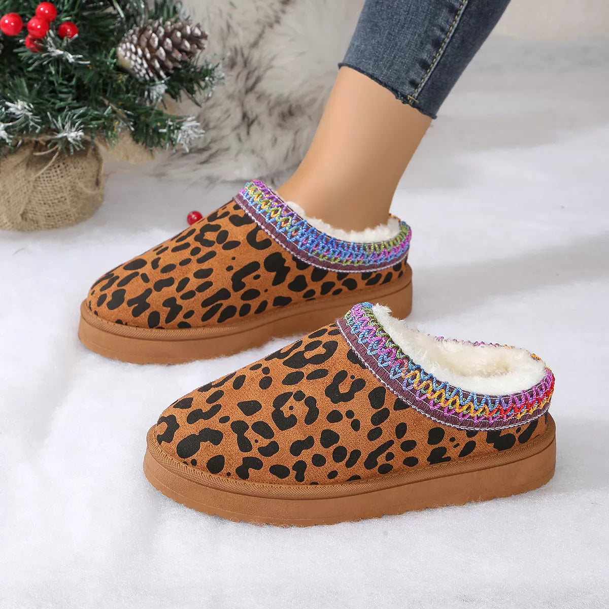 Leopard Print Plush Lined Warm Slip-Ons