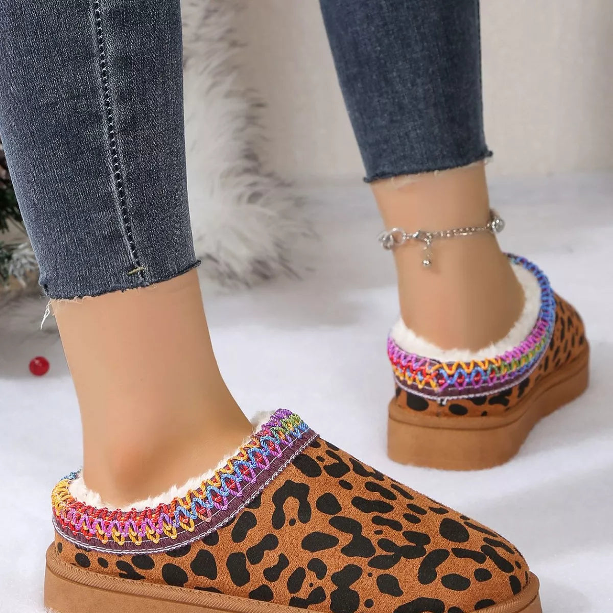 Leopard Print Plush Lined Warm Slip-Ons